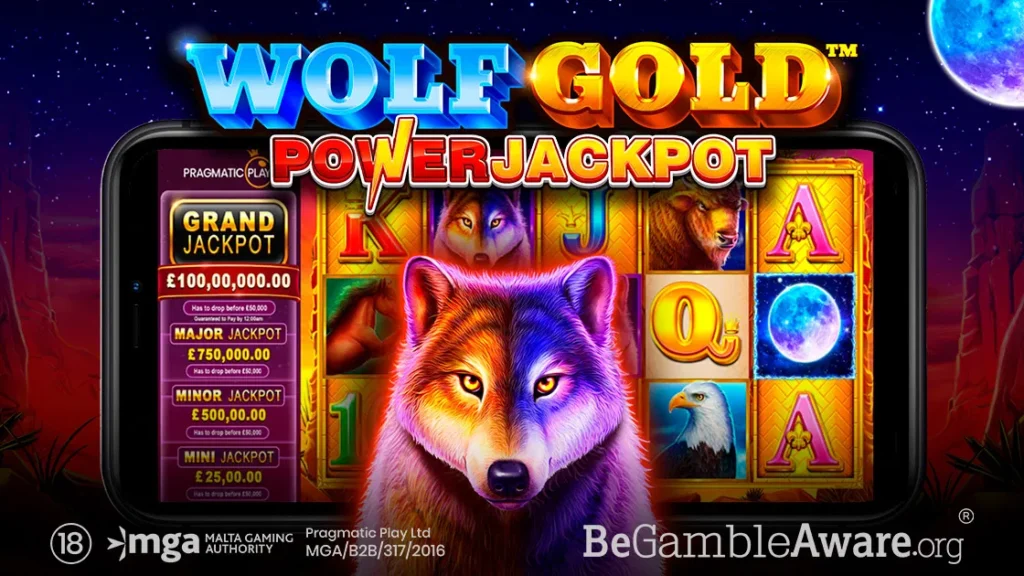 Wolf Gold Dice Slot reels featuring wolves, eagles, and dice symbols in a desert setting.