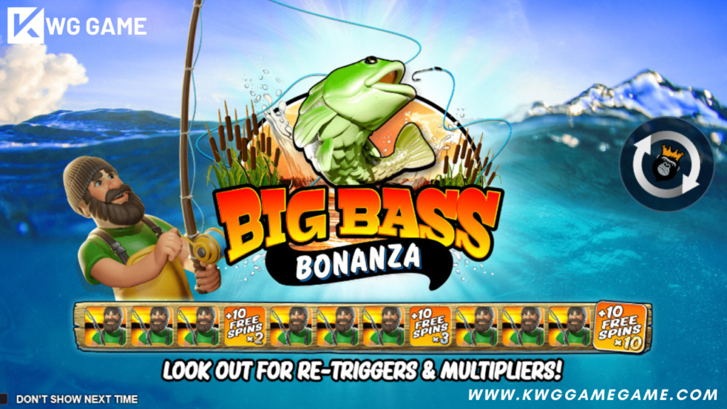 A vibrant illustration of the Big Bass Bonanza slot game featuring a 5-reel layout, colorful fishing symbols, and exciting gameplay elements