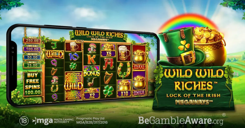 Wild Wild Riches Slot by Pragmatic Play featuring leprechaun, pots of gold, and vibrant symbols for big wins